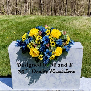 Blue & Yellow Silk Flower Cemetery Saddle: Memorial Headstone Arrangement