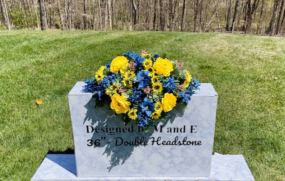1 Blue-Yellow Quality Silk Flowers, Cemetery Saddle, Cemetery Flowers, Headstone Saddle, Cemetery Arrangement, Memorial Day Flowers