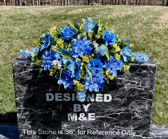 Blue and Yellow Cemetery Saddle, Cemetery Saddle, Double Headstone Saddle, Headstone Decoration, Cemetery Flower, Memorial Day Flowers