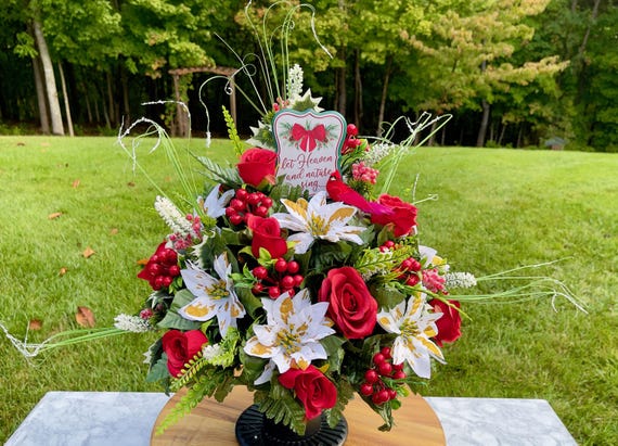 Christmas Cemetery Vase, Red & White Flowers, Holiday Memorial Arrangement