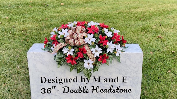 Red and White with Bow Christmas Cemetery Saddle, Headstone Saddle, Headstone Decoration, Cemetery Flowers, Memorial Flowers