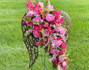 Bright and Soft Pinks Quality Silk Flowers on Bronze Angel Wings for Cemetery,  Cemetery Flowers, Cemetery Wreath, Gravesite Flowers