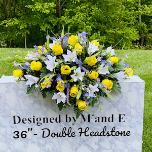 1 Yellow and White Large Cemetery Saddle, Double Headstone, Headstone Decorations, Cemetery Flowers, Memorial Flower