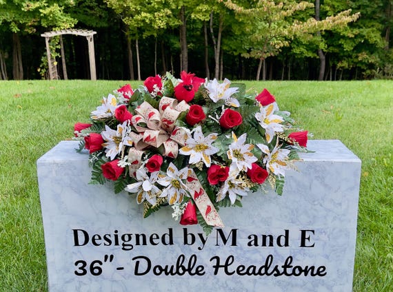 Cardinal Bow and Redbird Christmas Cemetery Saddle Christmas, Christmas Cemetery Flowers, Christmas Arrangement, Memorial Flowers