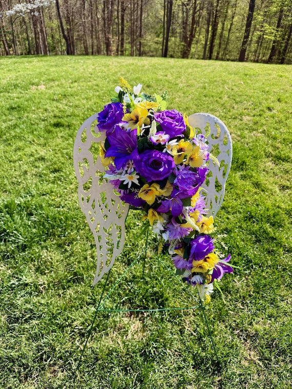 White Angel Wings with Purple and Yellow Flowers Cemetery Arrangement, Memorial Flowers, Headstone Decorations,