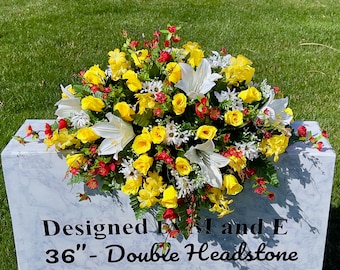 Red, Yellow and White Cemetery Saddle, Double Headstone Saddle, Grave Decorations, Headstone Decorations, Cemetery Flowers, Flowers