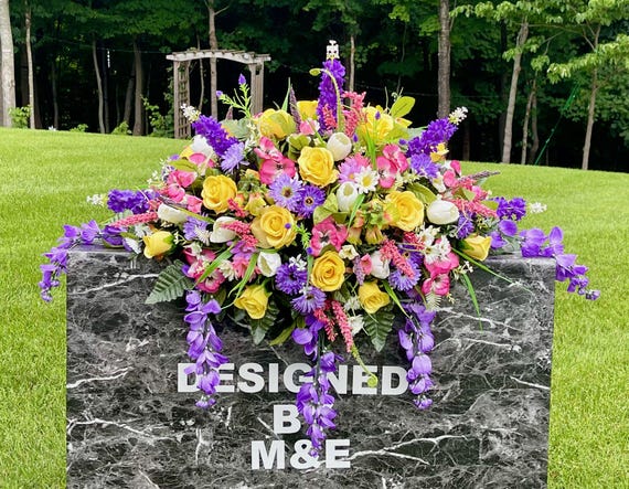 Purple, Yellow, Pink Cemetery Saddle, Cemetery Saddle, Double Headstone Saddle, Headstone Decoration, Cemetery Flower, Memorial Day Flowers