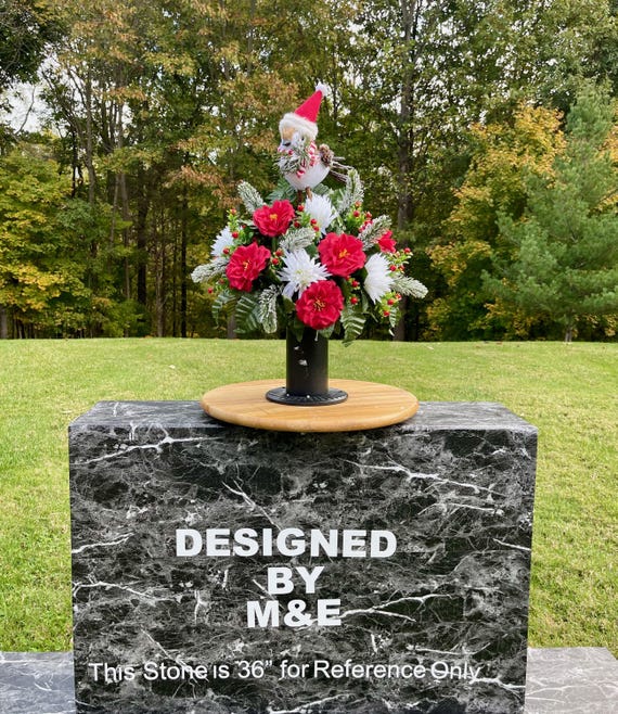 Christmas Cemetery Vase: Winter Snowbird with Santa Hat Memorial Flowers