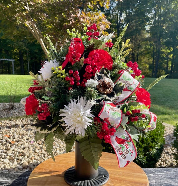 Christmas Cemetery Vase Cardinal with Redbird Bow Silk Floral Arrangement