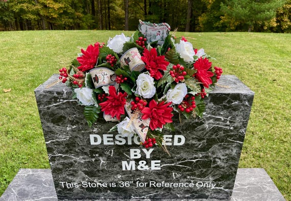 Christmas Cemetery Saddle, Red & White Silk Flowers Headstone Arrangement