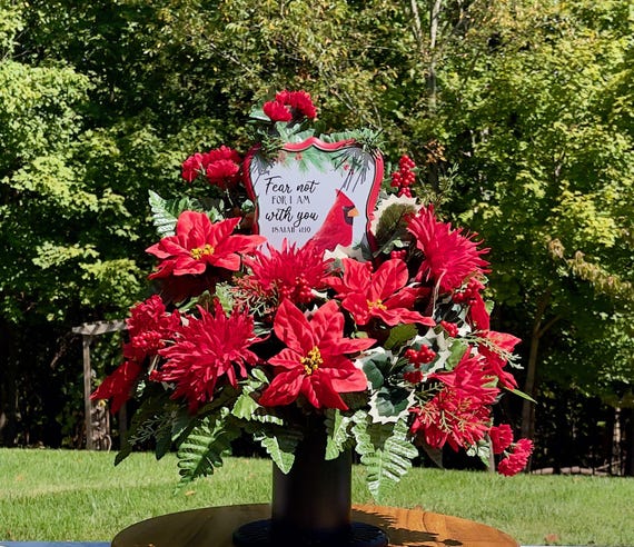 Christmas Cemetery Vase Arrangement – Red Poinsettia Memorial Flowers