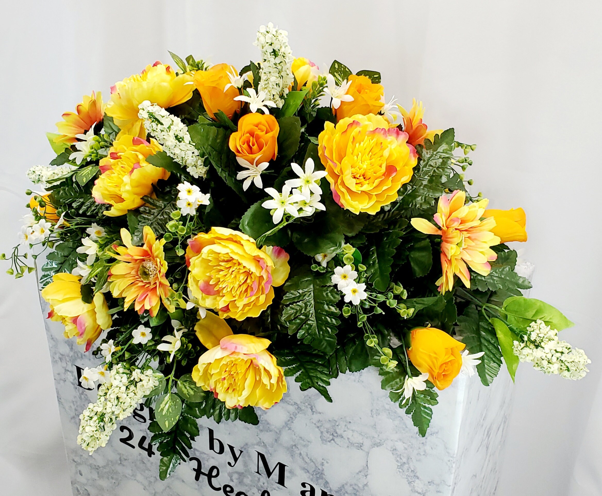 Yellow and White Cemetery Saddle, Cemetery Flower Arrangement, Flower