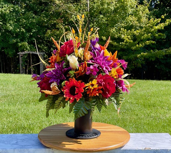 Fall Colors Burgundy-Red Cemetery Vase, Vase Arrangement, Memorial Cemetery Vase, Memorial Flowers, Spring Cemetery Vase, Sympathy Flowers
