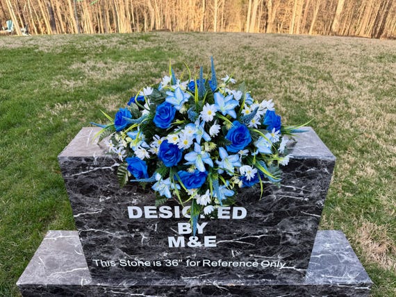 Blue White Cemetery Saddle Arrangement, Headstone Memorial Flowers