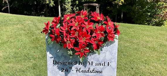 Burgundy and Red Pointsetta Christmas Cemetery Saddle, Christmas Cemetery Flowers, Christmas Headstone Saddle Arrangement, Memorial Flowers