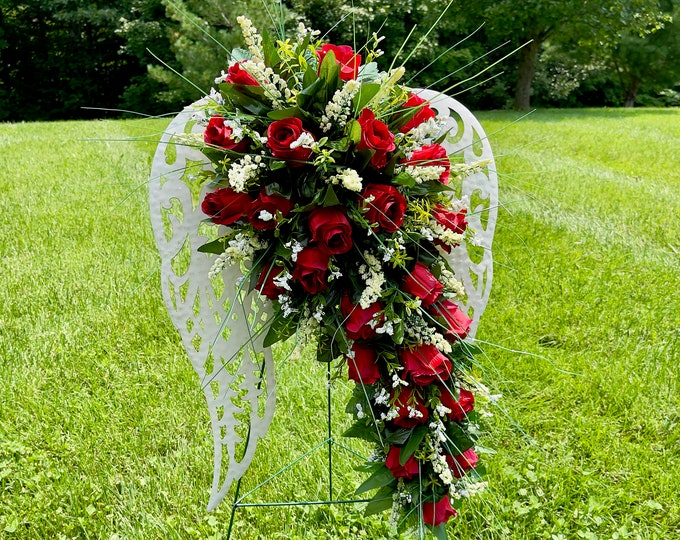 Beautiful Red Rose Quality Silk Flowers on White Angel Wings for