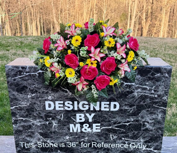 Yellow Pink Cemetery Saddle Arrangement, Headstone Memorial Flowers