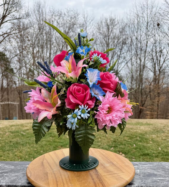 Blue and Pink Cemetery Vase Arrangement, Headstone Arrangement, Memorial Flowers