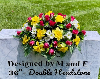Deep Fusia-White-Yellow Single Cemetery Saddle, 22-24” Cemetery Flower Arrangement, Flowers for Cemetery, Memorial Saddle
