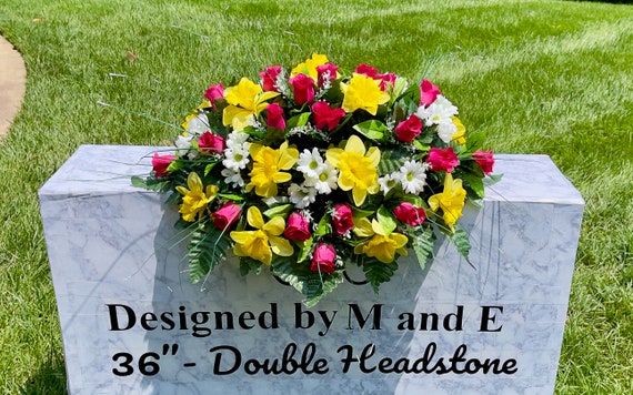 Deep Fushia-White-Yellow Single Cemetery Saddle, 22-24” Cemetery Flower Arrangement, Flowers for Cemetery, Memorial Saddle