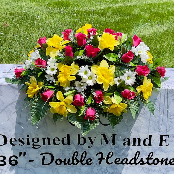 Deep Fusia-White-Yellow Single Cemetery Saddle, 22-24” Cemetery Flower Arrangement, Flowers for Cemetery, Memorial Saddle