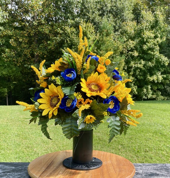 Yellow and Blue Cemetery Vase Arrangement: Fall Memorial Flowers