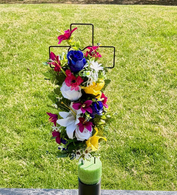 Multi-Color Silk Flower Cemetery Reusable Cross - Grave Decoration - Memorial Arrangement