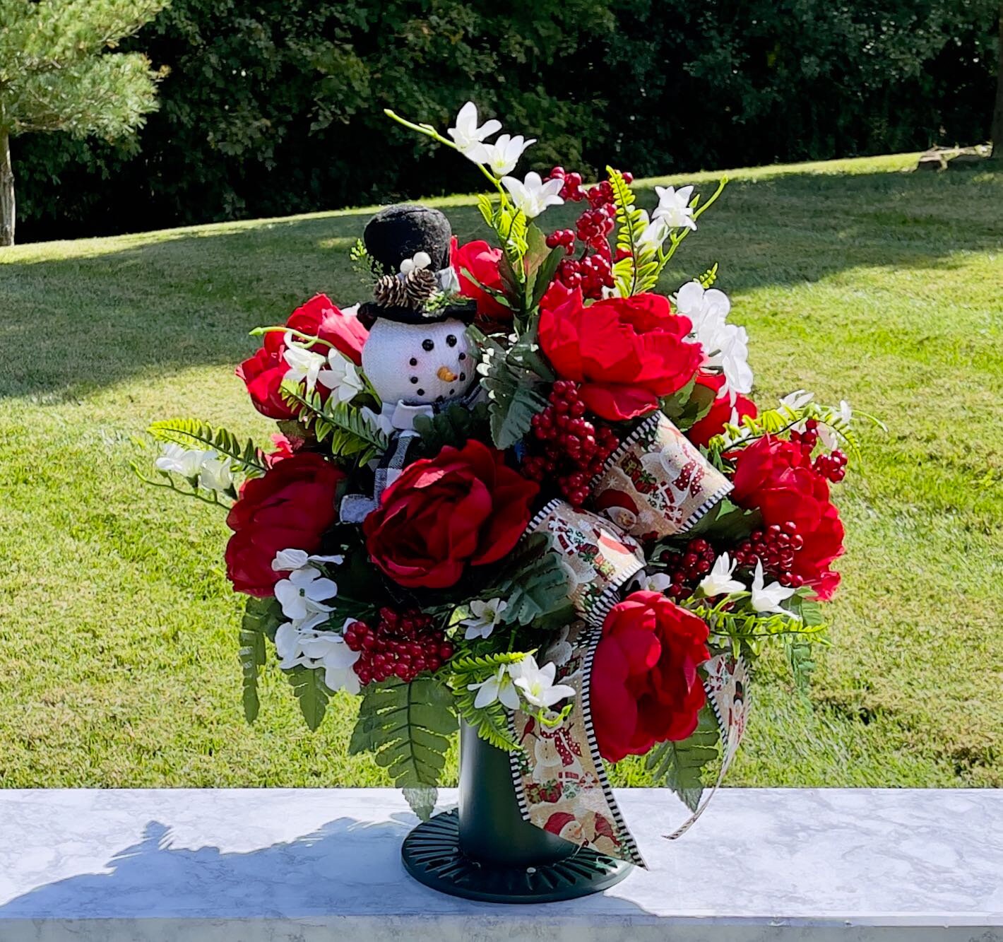 Snowman with Bow Cemetery Vase, Vase Arrangement, Memorial Cemetery