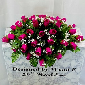 Fuchsia Rose Cemetery Saddle: Memorial Headstone Flower Arrangement