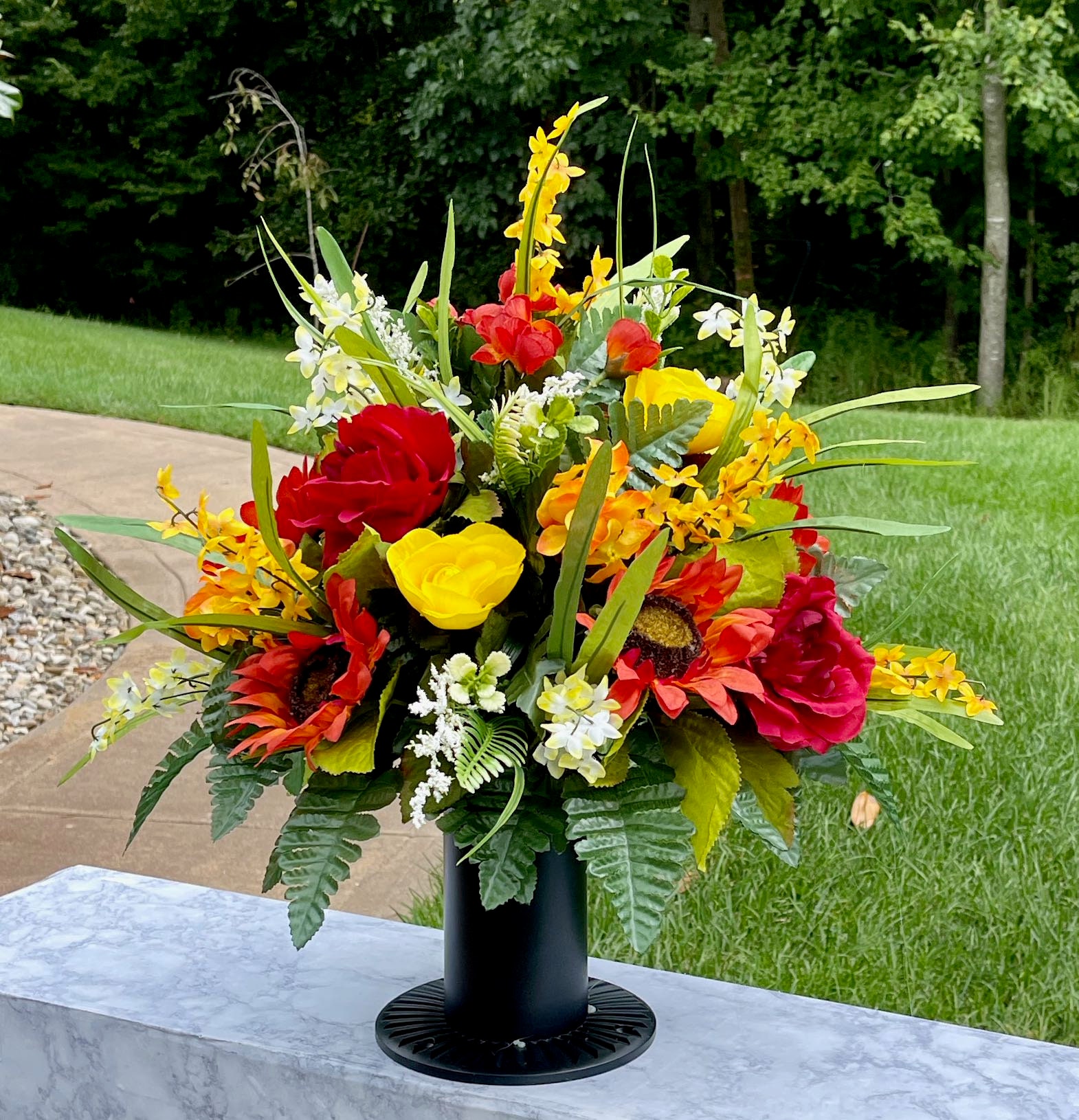 Red, Yellow and White Cemetery Vase, Vase Arrangement, Memorial