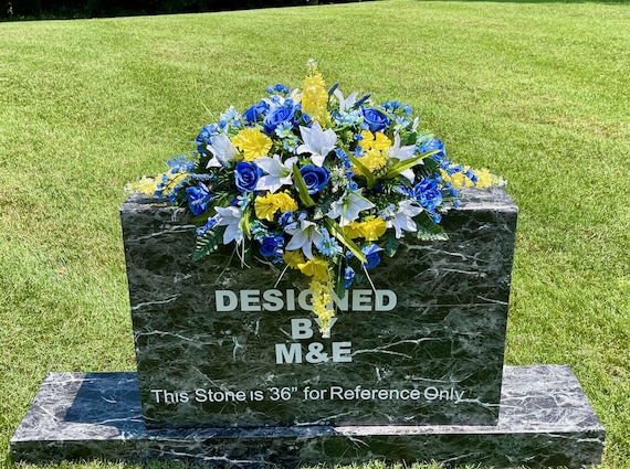 Yellow and Blue Quality Silk Flowers Cemetery Saddle, Cemetery Flowers, Headstone Saddle Arrangement, Headstone Saddle