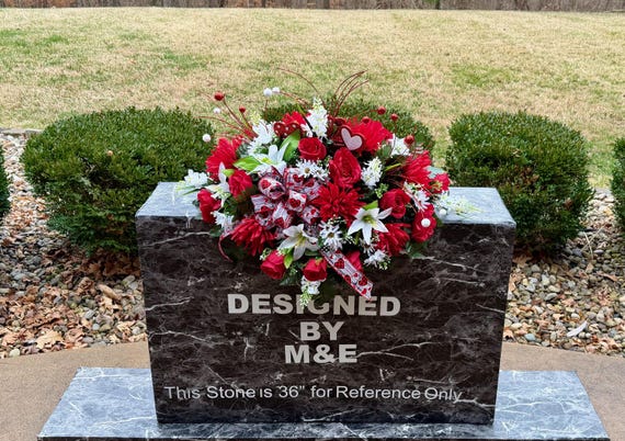 Valentine Red and White Hearts Cemetery Saddle with Bow, Grave Decoration, Memorial Flowers, Headstone Flowers