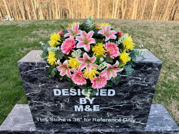 Pink Lilies Yellow Flowers Cemetery Saddle Arrangement, Headstone Memorial Flowers