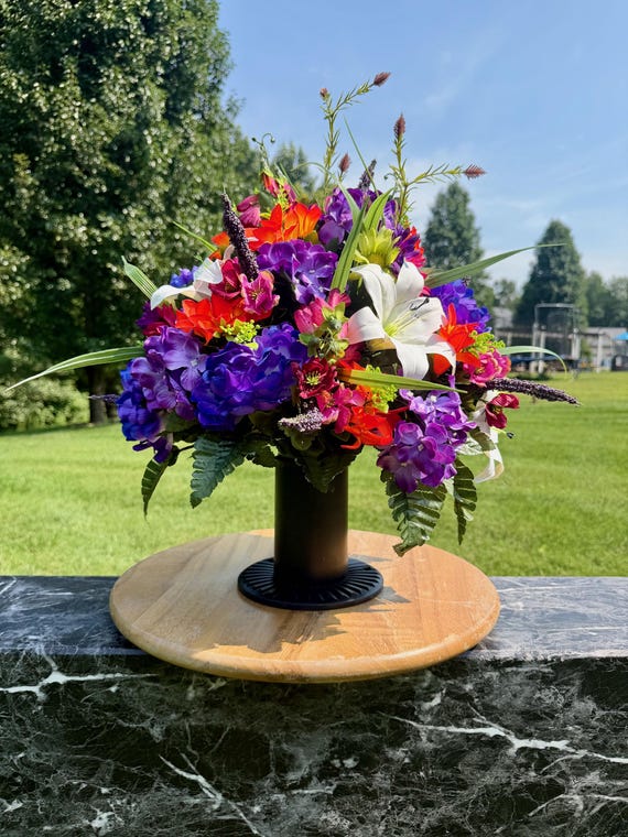 Colorful Fall Silk Flower Cemetery Arrangement - Memorial Headstone Arrangement - Grave Decoration