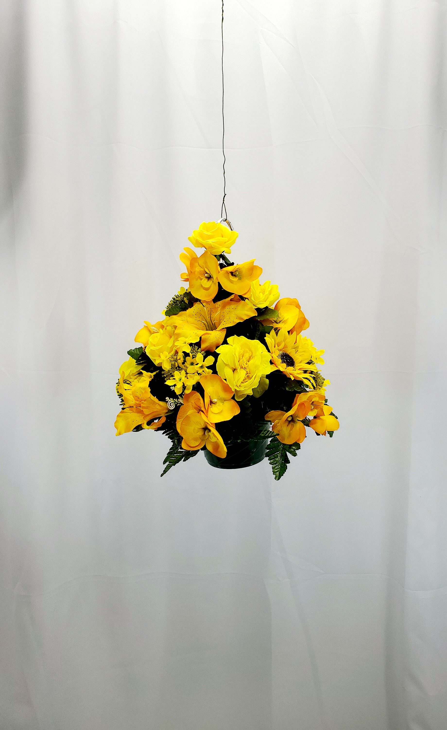 1 Yellow Hanging Basket for Shepherd Hook, Cemetery Hanging Basket,Memorial Flowers, Grave