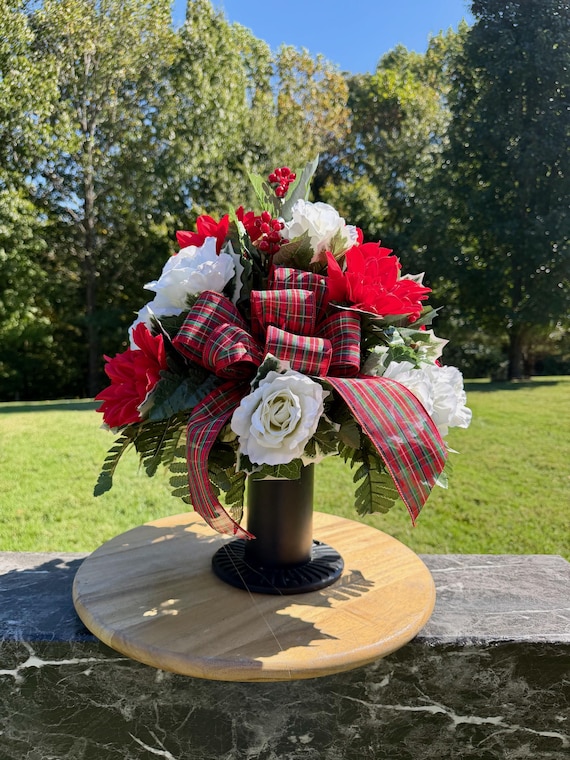 Christmas Plaid Bow Cemetery Vase Arrangement, Holly Vase Grave Decoration, Holiday Vase Arrangement