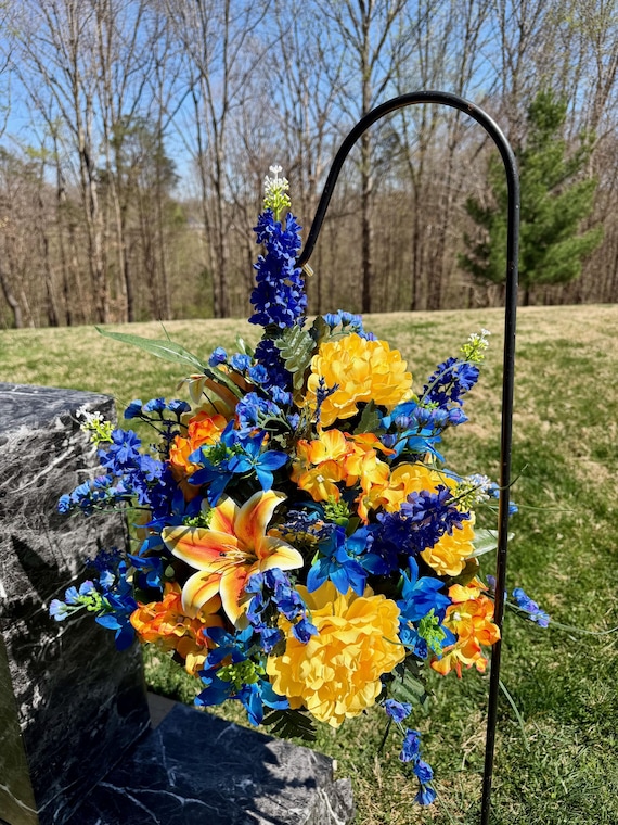 Blue Orange Yellow Cemetery Hanging Basket, Grave Memorial Flowers Arrangement