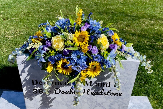 Yellow Blue Sunflower Cemetery Saddle Arrangement, Memorial Gravesite Flowers