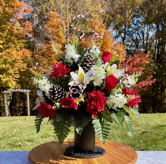 Christmas Cemetery Vase Piece, Vase, Memorial Cemetery Vase, Memorial Flowers, Memorial Day Cemetery Vase, Sympathy Flowers