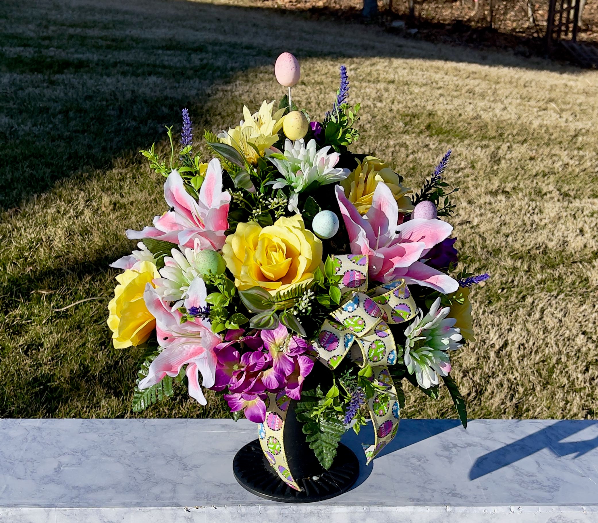 Easter Eggs with Bow and Quality Silk Flowers, Easter Cemetery Vase