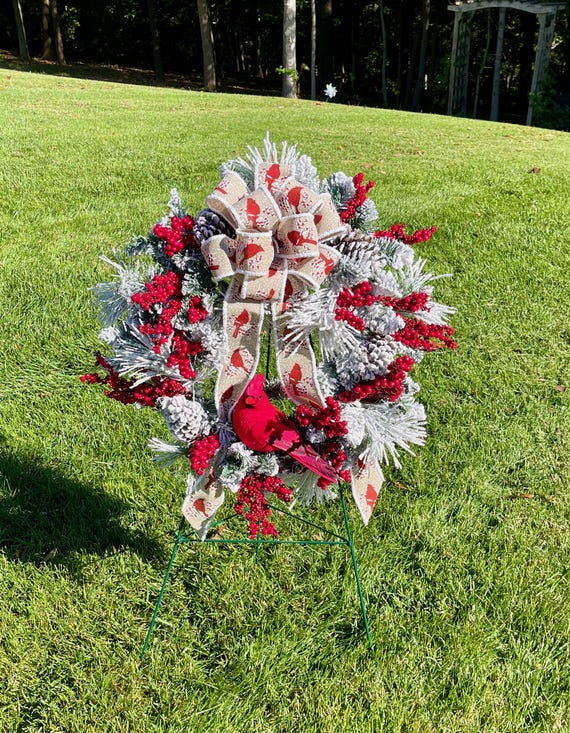 Redbird Christmas Cemetery Wreath: Snowman Pine Cone Headstone Arrangement