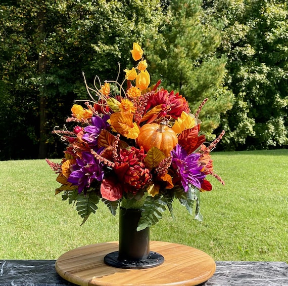 Fall Pumpkin Cemetery Vase: Silk Flower Memorial Arrangement