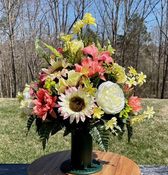 Cream-Peach-White Cemetery Vase, Vase Arrangement, Memorial Cemetery Vase, Memorial Flowers, Spring Cemetery Vase, Sympathy Flowers