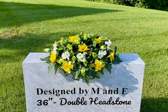 Green-White-Yellow Single Cemetery Saddle, 22-24” Cemetery Flower Arrangement, Flowers for Cemetery, Memorial Saddle, Sympathy Flowers