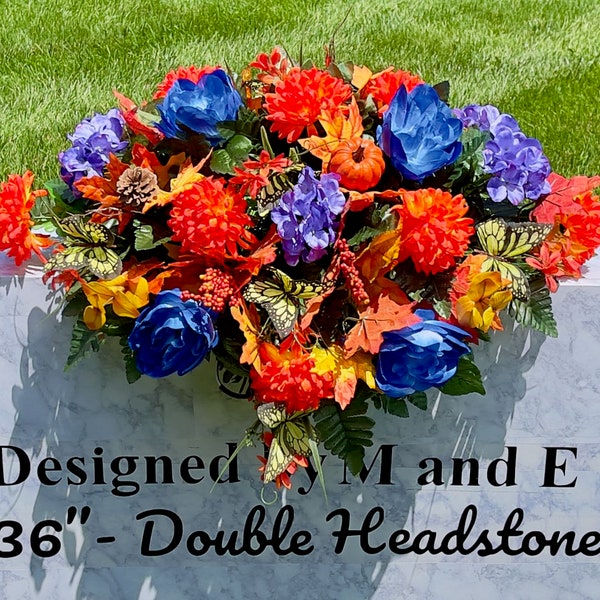 Blue & Orange Silk Flower Cemetery Saddle: Memorial Headstone Arrangement