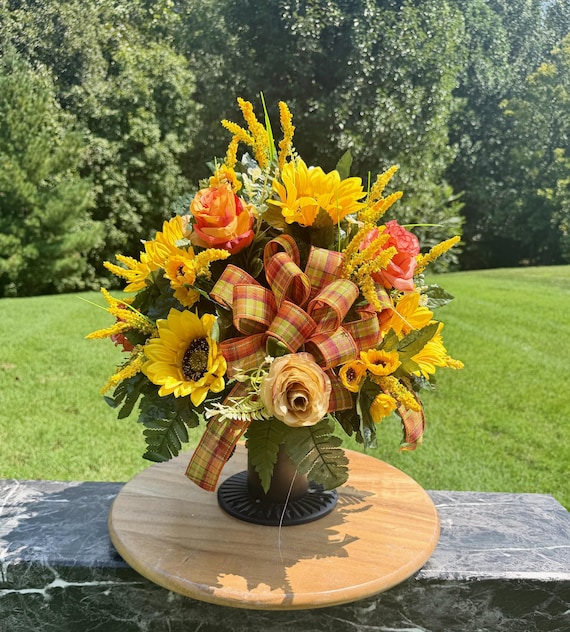 Beautiful Sunflowers with a Bow in this Fall Cemetery Vase Arrangement: Fall Memorial Flowers