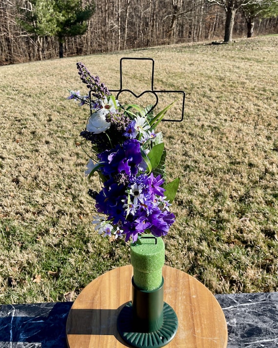 One of a Kind Cemetery Cross Flower Arrangement: Purple and White Silk Memorial Flowers