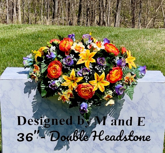 1 Purple-Orange-Yellow Quality Silk Flowers, Cemetery Saddle, Cemetery Flowers, Headstone Saddle, Cemetery Arrangement, Memorial Day Flowers