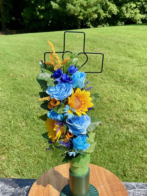Silk Cemetery Cross Flower Arrangement: Blues, Purple and Yellow Memorial