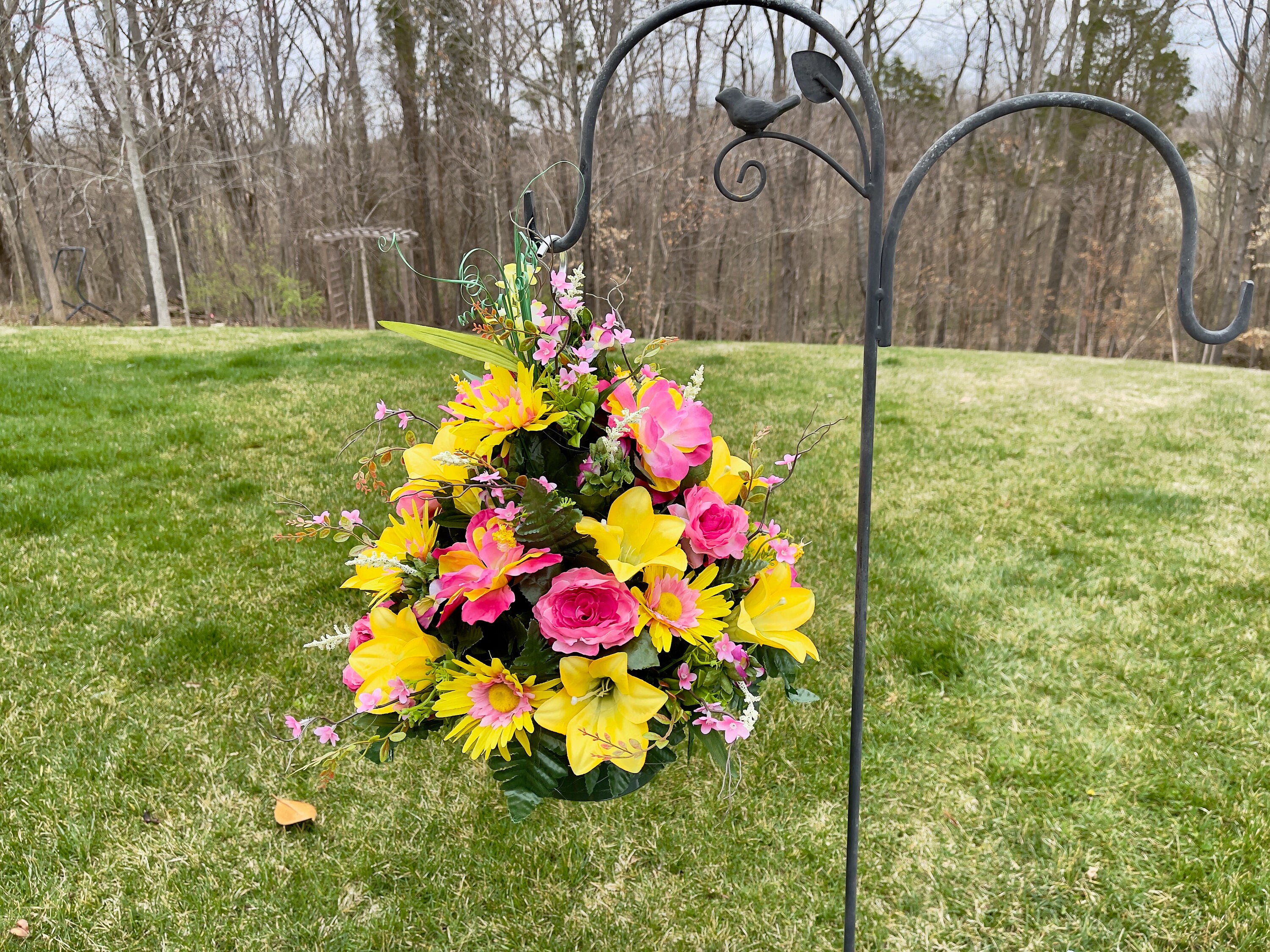 PinkYellow Large Hanging Basket for Shepherd Hook, Hanging Basket, Memorial Flower, Grave